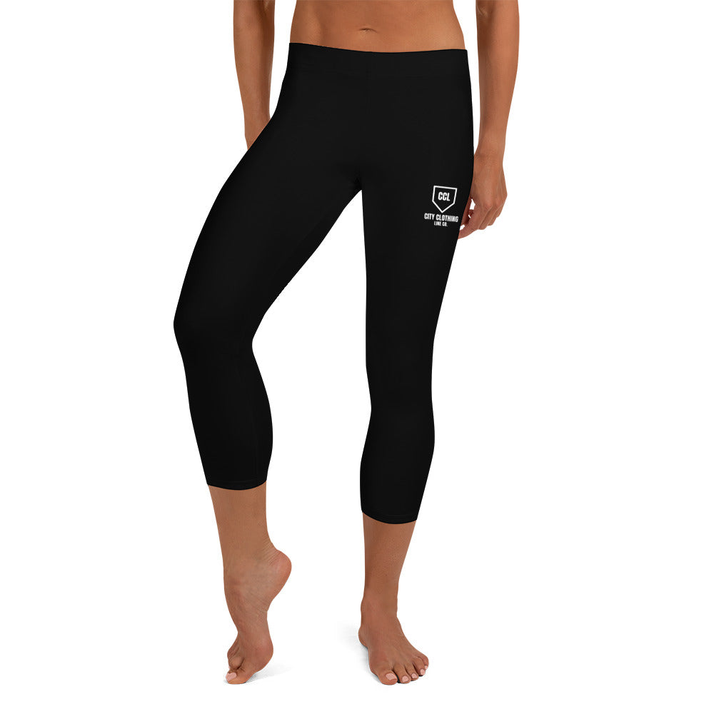 Black Shield Capri Leggings, front view, City Clothing Line Company shield logo