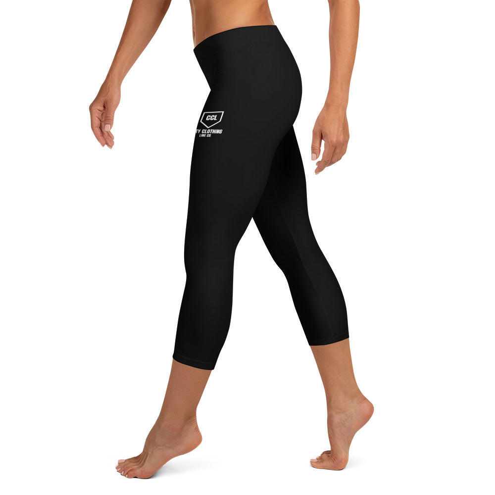 Black Shield Capri Leggings, left view, City Clothing Line Company shield logo