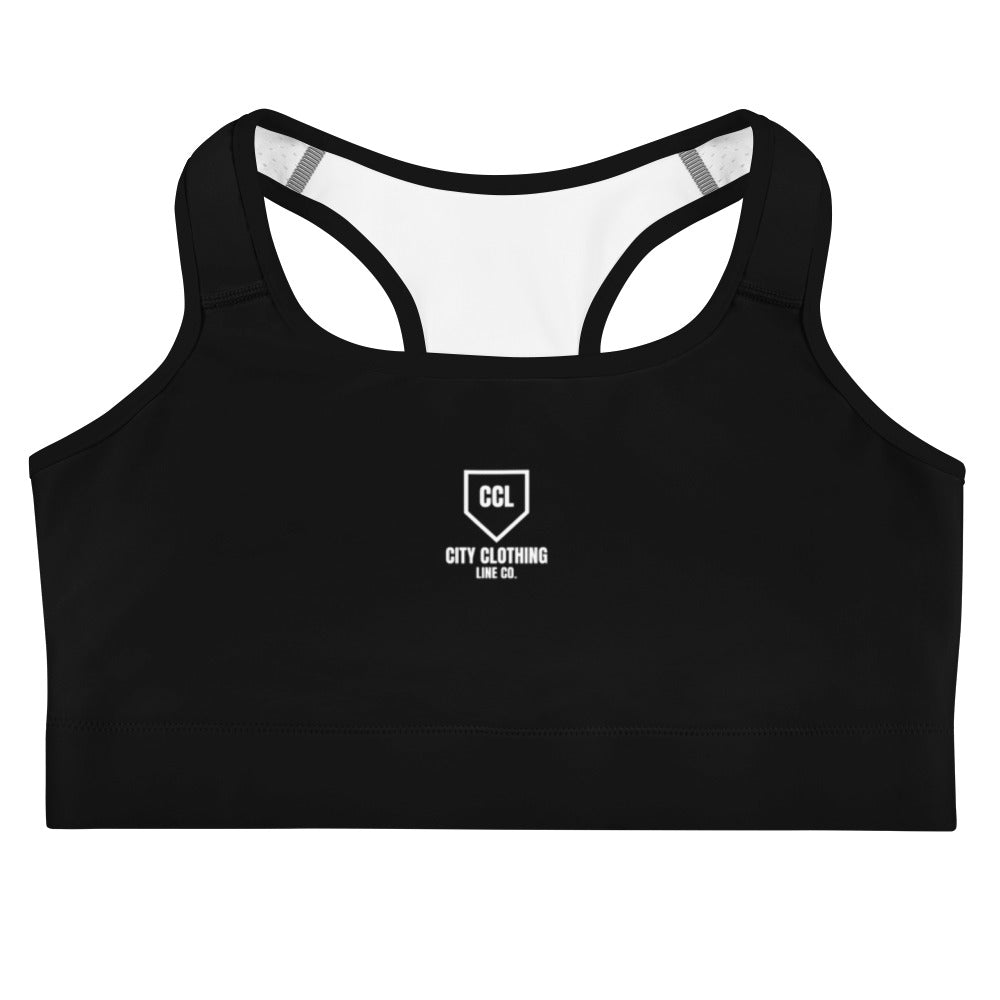 Black sports bra with City Clothing Line Company shield logo