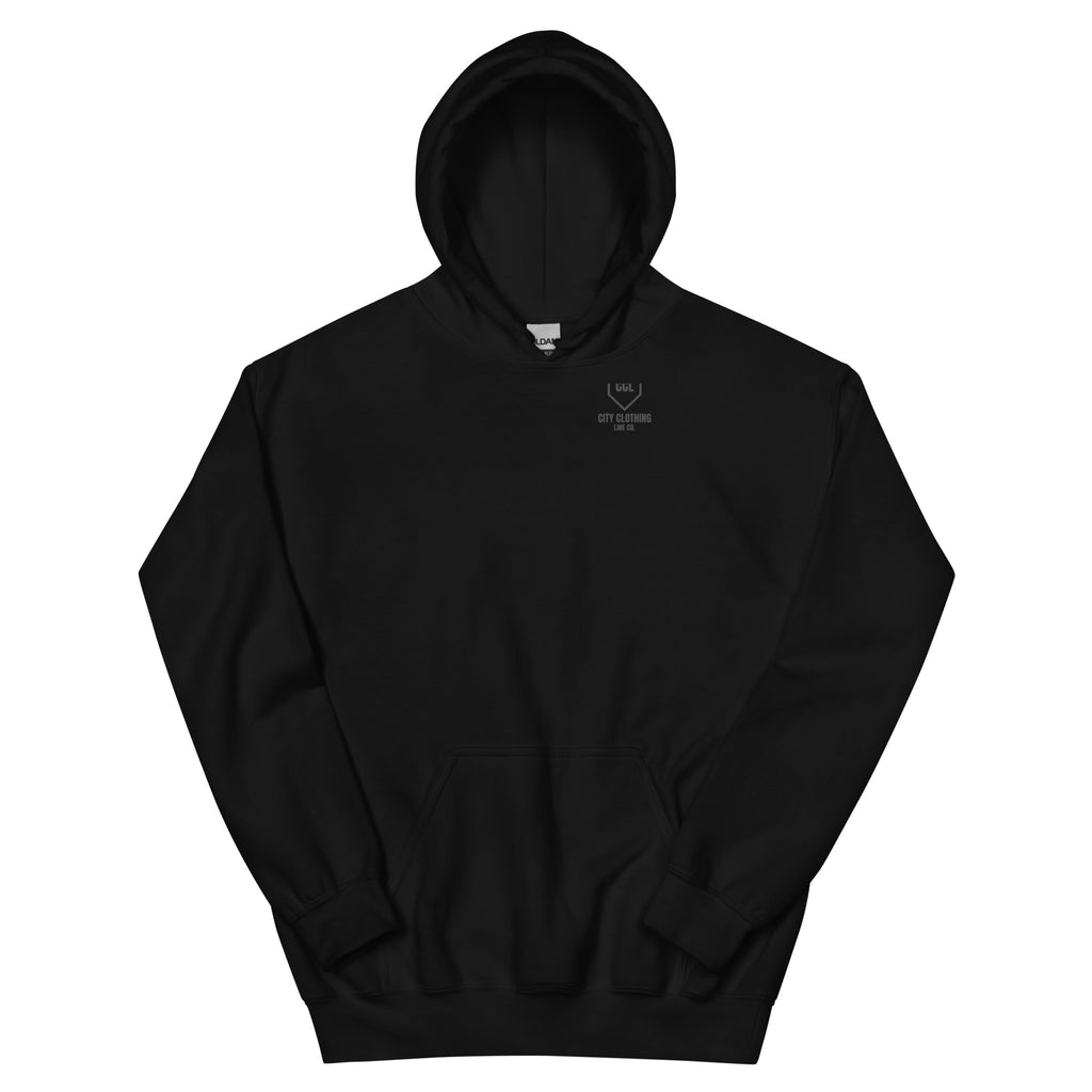 Black Classic Logo Hoodie, front view, City Clothing Line Company shield logo