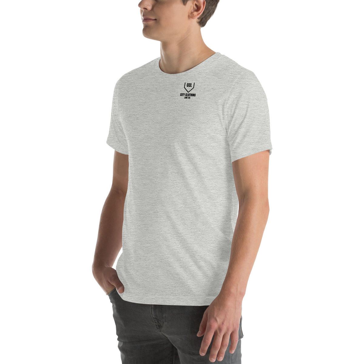 Athletic Heather Classic Logo Tee, left front view, City Clothing Line Company shield logo