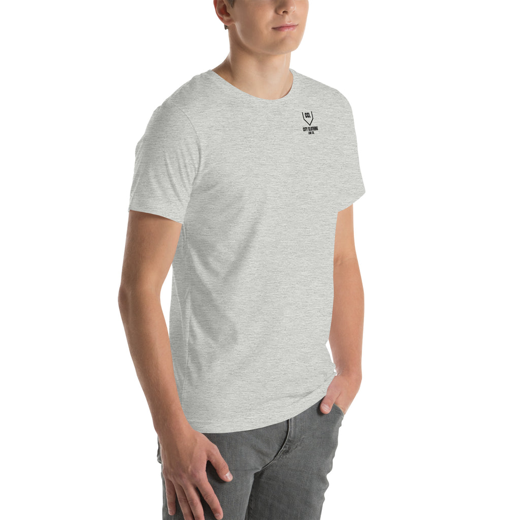 Athletic Heather Classic Logo Tee, right front view, City Clothing Line Company shield logo