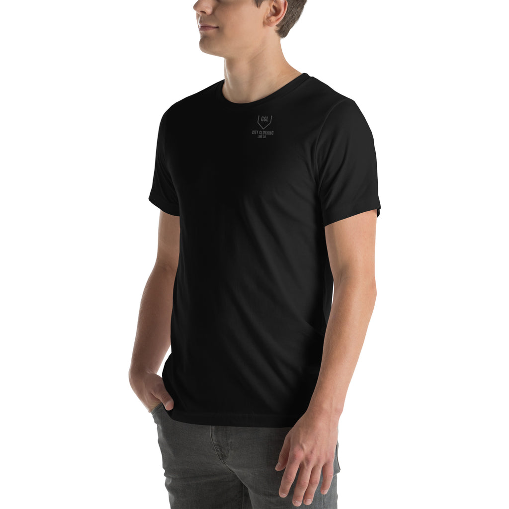 Black Classic Logo Tee, left front view, City Clothing Line Company shield logo