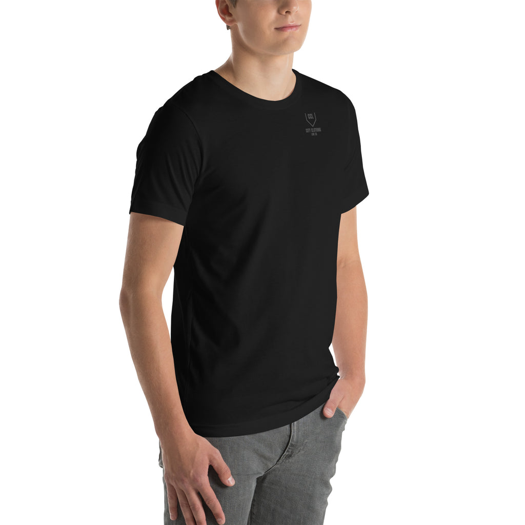 Black Classic Logo Tee, right front view, City Clothing Line Company shield logo