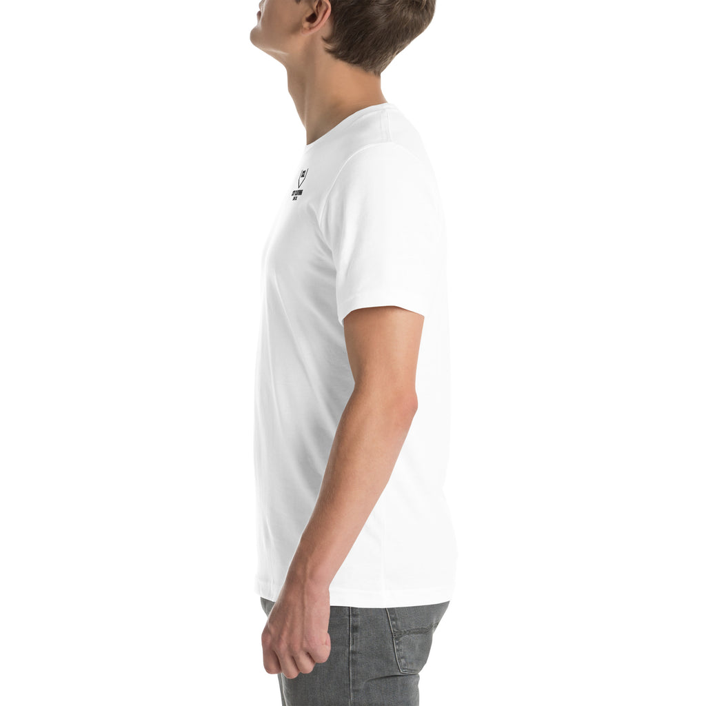 White Classic Logo Tee, left view, City Clothing Line Company shield logo