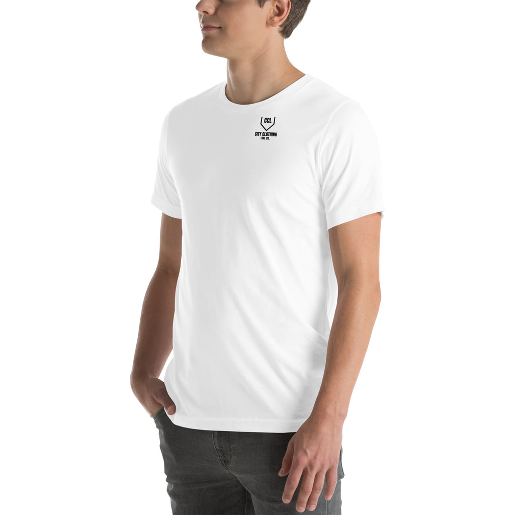 White Classic Logo Tee, left front view, City Clothing Line Company shield logo