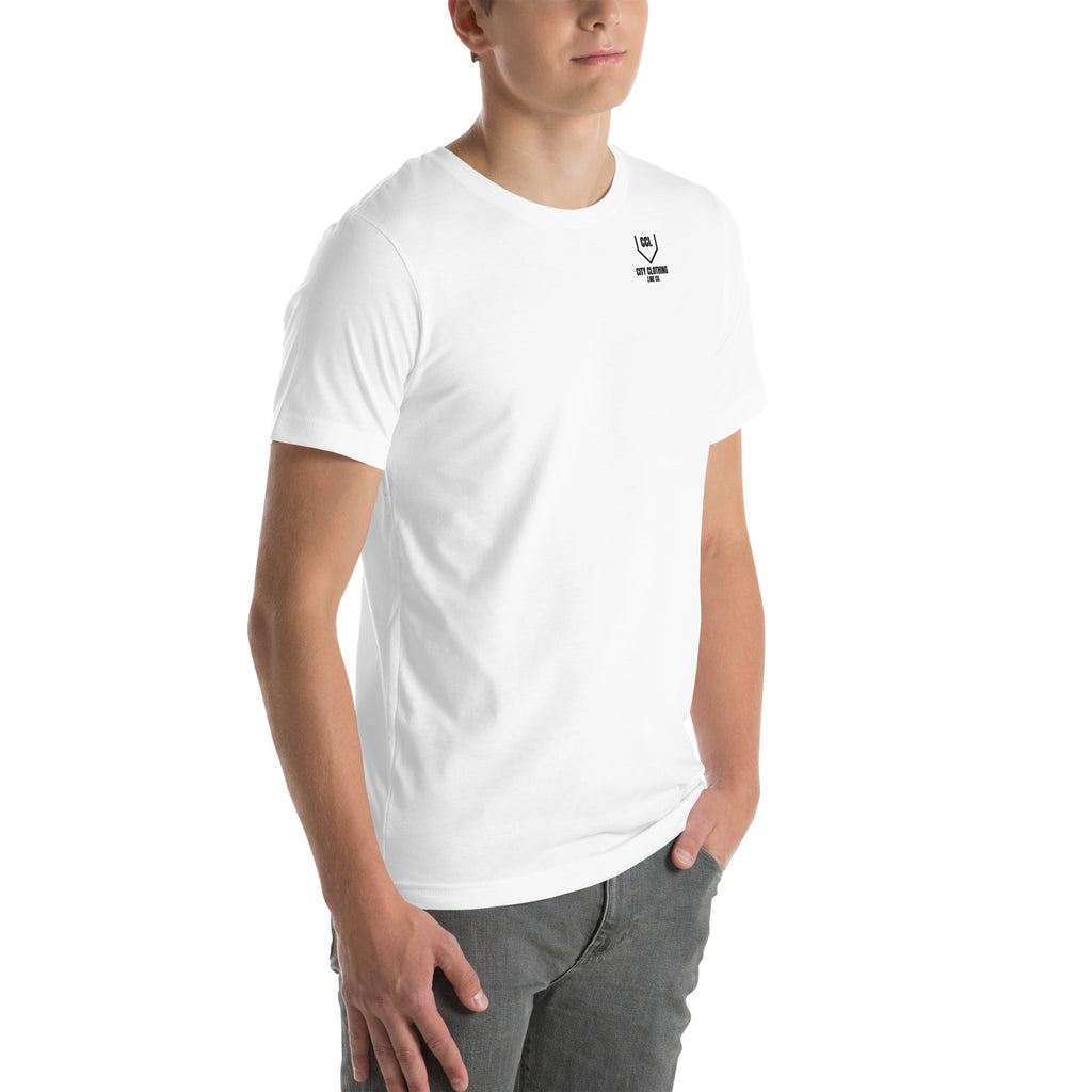 White Classic Logo Tee, right front view, City Clothing Line Company shield logo